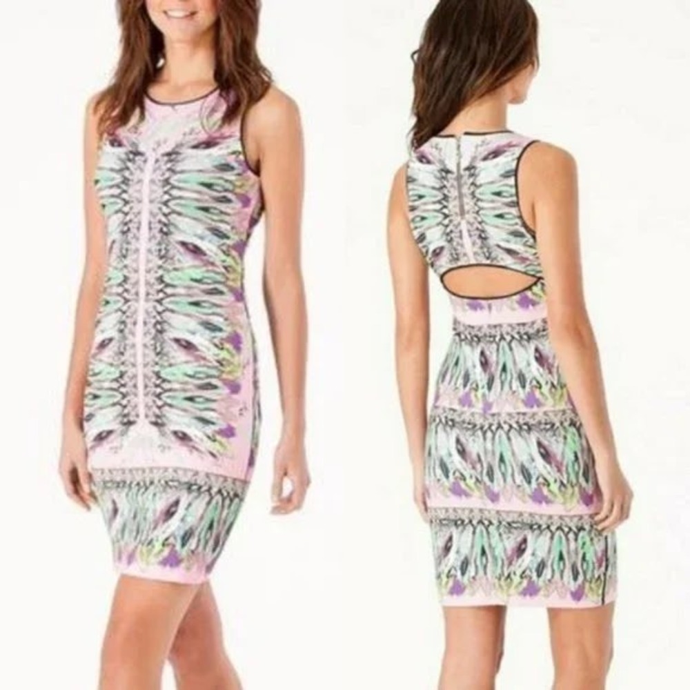 Hale Bob Pink Feather Neoprene Fitted Bodycon Dress Sleeveless Size XS